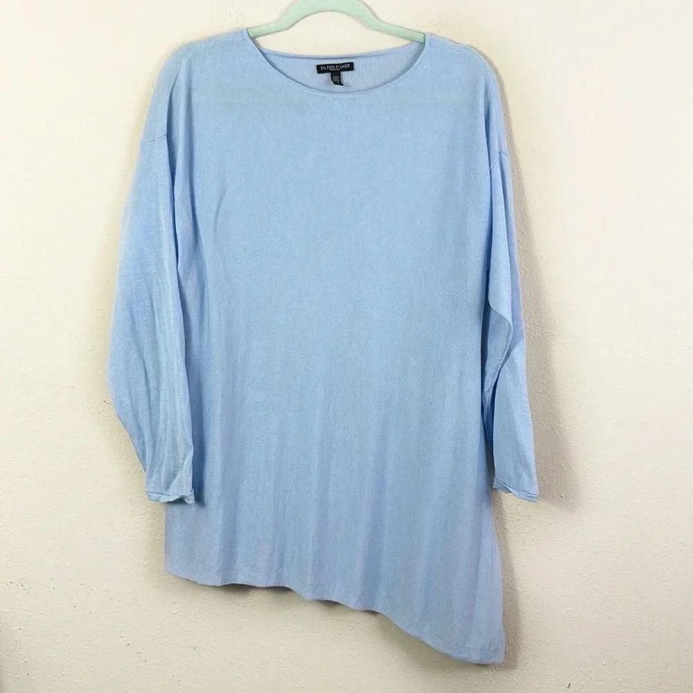Eileen Fisher Light Blue Asymmetrical Knit Top Long Sleeve Wool Tencel Tunic 1X